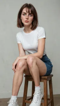 (ultra realistic, ultra detailed, best quality), mature woman, 35 years old, dark hair, medium-length bob with bangs, Anna, thin face, triangular face, narrow face, narrow long nose, feint small amount of freckles across nose, thin lips, dark eyes, caucasian, no makeup, low height, light weight, short skinny legs, skinny body, (skinny:1.3), natural flat sagging tits, wide thigh gap, skinny flat ass, skinny hips, slightly tanned skin, no tattoos, she is an accountant, her hobby is photography, she is wearing skinny short length denim skirt, nylon tights are pulled down to the knees, long loose white T-shirt with no lettering, white sneakers, she sits on a stool sadly, she looks upset