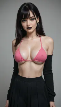 gothic, goth, pale skin, blue eyes, long black hair, bangs hair, black eyeliner, (black lipstick), white skin, black sleeves, pink bikini top, large breasts, perky boobs, pokies, pleated skirt, smirk