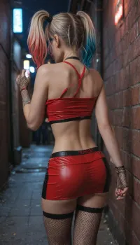 1 woman, harley quinn, teasing, nip slip, crop top, nipples, short skirt, fishnet thigh highs, fishnet gloves, lipstick, dark alley, night, neon lights, rear view, hand grab ass