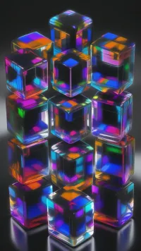 Several interlocking cubes with reflections and different colors. And on a black background.