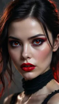 A dramatic digital art portrait in a gothic style, showcasing an intriguing adult woman, (40 years old), with a melancholic gaze. Her striking features include a cascade of dramatic dark wavy hair with stark bangs, intense bright gray eyes accentuated with dark eye makeup, and glossy, vibrant red lips contrasted by red tears gracefully streaming down her pale skin. She wears a high black transparent turtleneck, set against a moody gray wash background punctuated by black ink splatters and drips, evoking a grungy atmosphere, culminating in a small red seal in the bottom right corner bearing the inscription "“影絵”". Soft, diffused lighting casts subtle shadows, enhancing the portrait’s dark, edgy aesthetic and the striking contrast between the subject and the textured background. The signature "DINAMIKE" is engraved in small cursive marker lettering at the bottom right., <lora:BUT_SDXL_SHS:.8>, .