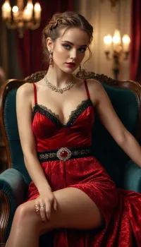 Rating_explicit, score_9, score_8_up, score_7_up, (masterpiece, ultra-detailed, erotic glamour), a stunningly beautiful woman sitting on a luxurious velvet chair, wearing a red shimmering evening gown with a jeweled waist belt, dress pulled slightly aside to reveal her black lace panties, long smooth legs crossed, elegant seductive pose, glossy red long fingernails gently resting near her thigh, dramatic evening makeup, intricate braided updo hairstyle, diamond and ruby jewelry, (necklace, earrings, bracelet), soft ambient lighting, cinematic glow, high fashion sensuality, photorealistic, 8k, ultra-detailed, <lora:MJ52:.8>