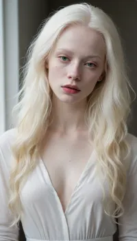 a young, albino, Scandinavian woman, with white, messy long hair. She has white, extremely pale skin. She has white eyebrows and white eyelashes.