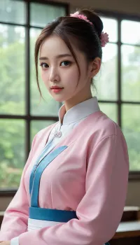 3D toy, OC rendering, Chinese aesthetics, national style, dynamic and graceful, close-up of the face, double ponytail hairstyle, skin as transparent as glass, clean and flawless, lake blue pupils, tender and gentle, slender pear-shaped figure, JK school uniform, silky texture, a few accessories, cold and aloof, side profile, holy, sacred, simple background, campus style, futuristic, stream of consciousness, hazy, beautiful, glass-like texture, porcelain-like feel, surrealism, gloomy, depressed, light pink and white integrated texture, low saturation, atmosphere, masterpiece, bright, minimalist style, bizarre, dream core, high-end, Rembrandt lighting, hazy beauty, light pink.
