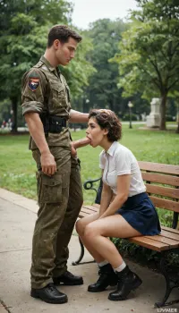 A bench in a park, sunny day, woman sitting on the bench, light summer clothing, short skirt and blouse, man standing next to the bench, man is a soldier, soldier wearing military field uniform, his uniform trousers are open, (open fly), normal penis, blowjob, penis in woman's mouth, woman and man are both 18 years old, soldier has short hair, full body view, full body foto, Full Body view including the Face of the soldier, further soldiers in the background