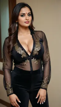 Smart Bald Indian bhabhi in black velvet pants and silk black embroidered shirt, huge tits, big boobs, big ass, thick, curvy, milf, deep cleavage, beautiful eyes, slider waist, athletic, black velvet trousers