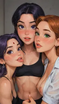 score_9, score_8_up, score_7_up, score_6_up, score_5_up, score_4_up, godrays, 3girls, Starfire as African-American lanky with orange hair and large breasts green eyes and hourglass athletic muscular toned Supermodel body tanned skin, (titans), Blackfire as athletic Afro-Carribbean with violet hair and medium breasts red eyes and hourglass fit muscular toned body pale skin, and Raven as petite Ukrainian with black hair and forehead red diamond shape jewel and purple eyes and small breasts and thin skinny body white skin, DC Comics Justice League background, 3girls kissing, hugging, faces pressed again each other, clothed, hot, looking at viewer, happy expression, laughing, poking out tongue, strings of saliva connecting mouths, excessive saliva, drool, drooling, dribble, dribbling. best quality, 8k, insane details, intricate details, hyperdetailed, hyper quality, high detail, ultra detailed, professional, HDR, ray tracing reflection, cinematic lighting, highlydetailedbody, realisticface, highlydetailedhair, insanelydetailed, 8K.highdetailedskin, highresolution, perfectfingers, (j_cartoon:1.5), Drawing, ohxw, red, hair, green, eyes, red eyes, violet eyes, raven, <lora:1star-000004:1>, <lora:Raven_XL:1>, <lora:samdoesarts1.1-000030:.4>, <lora:J_cartoon:.3>, <lora:Animated_Concept:.4>