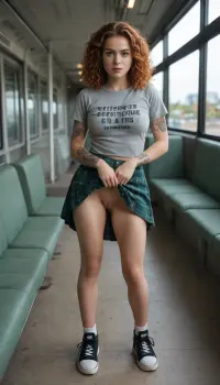 Redhead, young girl, gray T-shirt with a deep neckline, a tight green knee-length skirt, black sneakers, in the public bus, flashing pussy naked pussy, big natural breast, no panties, Tattoos on the left arm, blue eyes, bright, <lora:AzaleaXL2:2>
