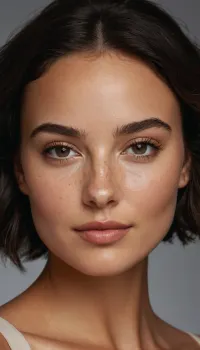 A woman with a symmetrical oval face, gently defined cheekbones, softly rounded jawline, and slightly fuller cheeks with a rounded chin. Smooth, flawless, glowing skin with a hint of warmth. Large, wide-set luminous eyes framed by long dark naturally curled lashes and subtly arched, well-groomed eyebrows. Straight, proportionate, refined nose. Full, naturally curved, plump, balanced lips. Light scattered freckles across the nose and upper cheeks, with a soft flush in the cheeks. Dark brunette hair, glossy, shoulder-length, full of movement, framing her face gracefully. Subtle, warm expression with a gentle smile and relaxed gaze. Soft, even lighting enhancing her facial features and skin tone, photorealistic, high-detail portrait, clean neutral background., <lora:580159_training_data:.6>