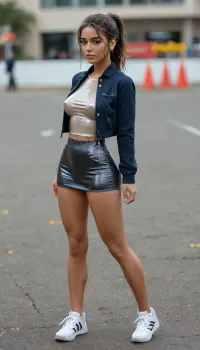 1 female model, perfect athletic body, big tits, big round ass, smooth pussy, 8k, very high quality, masterpiece, strong tan lines, hard nipples, (((very oiled body))), (((dynamic pose))), girl standing, hands behind back, casual clothes, sneakers, tight skirt, tight net top, clothed, clothes still on, small jacket, ponytail, two policeman standing on either side and hugging girl's waist, close-up view, sunnyrayyxo, <lora:sunnyrayyxo_v1_SDXLBase:.8>, <lora:MJ52:.8>, <lora:Midjourney Image Enhancer XL v1:.8>, <lora:attractive_notrigger:.8>