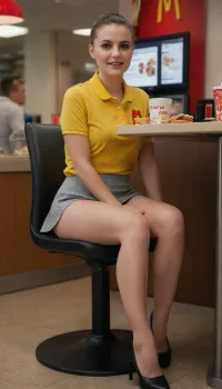 ultra realistic photo, masterpiece photo, distance photo 50 m., upskirt photo, office dressed 30 y.o. girl, sitting on chair, behind, McDonald's, spreading legs, show shaved pussy, face clear visible, (spreading legs, no panties, upskirt, shaved pussy:1.4)