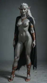 Full-body portrait of a graceful and charming drow elf bard, mid-30s, from Dungeons & Dragons, with flowing white hair, vivid red eyes, and a confident, playful smile, (black-grey skin:1.8), elf ears. She wears a fitted, flamboyant adventurer’s outfit with intricate embroidery, leather accents, and a swirling cloak that catches the wind. Her stance is poised, blending the elegance of a dancer with the precision of a duelist. Fantasy setting, fantasy tavern background, dramatic cinematic lighting, rich colors, ultra-detailed, high fantasy art style, by Magali Villeneuve and Dan Dos Santos, 8k resolution, hyper-realistic, masterpiece, (perfect hands and fingers, realistic detailed face, detailed eyes, realistic detailed hair, realistic detailed body, realistic detailed skin, realistic detailed breasts, realistic detailed very tight virgin pussy), <lora:dAIversityUnderstandingXLRealistic:.8>