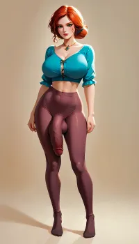 Illustrated, cartoon style, Witcher, Triss from Witcher, Futanari, (black leggings), (Cock bulge), ((cock under leggings)), ((bulge in leggings)), ((massive erect cock in leggings)), (thin body), ((thin waist)), ((thin legs)), ((huge breasts)), RAR, <lora:RAR 0.4v:.4>, <lora:Animated_Concept:1.4>, <lora:bimboxl_02:.4>, <lora:Leggings:.3>