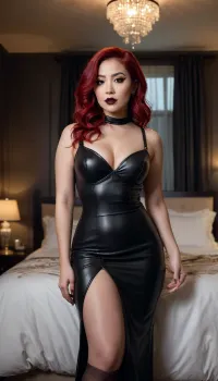 A curvy Asian woman with striking red hair styled in loose waves, her makeup in a bold gothic style featuring dark lipstick and smoky eyes. She is wearing a tight-fitting, sleek black leather dress with strappy details, emphasizing her silhouette. The dress is edgy and daring, complementing her gothic aesthetic. The background is an elegantly designed bedroom with dim, moody lighting, showcasing luxurious bedding, soft textures, and a mysterious ambiance that enhances the overall dramatic atmosphere.