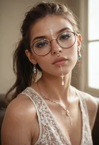 score_9, score_8_up, score_7_up, score_6_up, 1girl, glasses, solo, facial_cumshot, cum, realistic, jewelry, earrings, lips, brown_hair, looking_at_viewer, ponytail, nose, long_hair, sleeveless, upper_body, closed_mouth, round_eyewear, piercing, cum_on_glasses