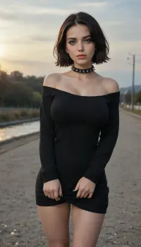 cleavage, dress, solo, short hair, black hair, large breasts, nail polish, fingernails, no bra, long sleeves, collarbone, jewelry, collar, black dress, earrings, gothic, sky, day, sweater, off shoulder, alternate breast size, scar, spikes, blue sky, black nails, spiked collar, bags under eyes, off-shoulder dress, sweater dress, scar on neck, electrolarynx, self harm