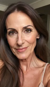 old mature, 65 years old, brunette, skinny, very tall, very super extreme long face, long huge nose, very pointed nose, narrow long face, big long chin, huge rounded chin, very long chin, extreme narrow face, very huge pointed nose, huge long face, sexy big mouth, naught horny smile face, looking at the camera, sexy nightie, selfie, black eyes, hand on hair charming, biggest nose ever, long pointed nose, extreme long huge nose, posing face side to show big nose