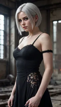 Ultra-realistic masterpiece, hyper-detailed textures, photorealistic, 2B from *NieR, Automata*, her elegance and melancholy encapsulated in her glowing pale skin, Her short silver hair styled into a neat bob with soft strands framing her face, her black blindfold concealing her sharp gaze, her medium chest framed by a perfectly fitted black dress with intricate lacework, her body leaning slightly against a rusted wall, katana plunged into the ground beside her, one hand gently resting on the hilt, her lips parted in a somber, reflective expression, Faint scars and oil stains on her skin, cinematic lighting with soft beams piercing through an industrial dystopia, glowing orange embers scattered in the air, depth of field, bokeh of dilapidated factories overtaken by creeping ivy, her pose embodying both fragility and unyielding strength, a true sentinel of her world, 2B, white hair, short hair, black clothes, blue eyes, black hairband, yorha no. 2 type b, ruins, red eyeshadow, looking away, <lora:267502_training_data:.5>, rammstein, logo, <lora:Logo_xl:.5>