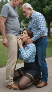 (Old man with a haircut, neat beard and mustache, handsome old man in full growth, checkered shirt, trousers, boots), (milf gives blowjob, big veiny penis of old man and jerks it off), (milf with round face, very pretty, long-haired brunette, in blue blouse with neckline, tight dark skirt, lace dark stockings, in open sandals with stiletto heels), old man grabs tits of mature milf, whole body, park, several men, many people around.