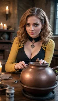 masterpiece, high resolution, hogwarts, messy hair, perfect makeup, long eyelashes, blush, freckles, smokey eyes, hufflepuff uniform, choker, longsleeve, deep cleavage, massive boobs, <lora:bombshell_v2:.5>, brewing potions, witches cauldron, strange liquids, skulls