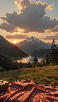 intimate masterpiece of clearing in the woods, looking out onto a massive lake, mountains far far away, an vibrant orange sunset, romantic, high quality, 4k quality, amazing quality, (most of the screen is the lake), (theres a picnic blanket in the clearing), <lora:add-detail-xl:.5>
