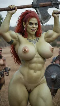 Guerrier léché d'huile : la nudité du champ de bataille de l'orc chaman à la peau verte

- Oui.

Au cœur du champ de bataille, une femelle musclée Orc Shaman se tenait debout. Sa peau très verte scintille d'huile, ornée de tatouages complexes. Un look féroce lui a donné un look sexy Visage orc, avec des crocs bardés et de larges anneaux de tétons dorés perçant ses gros seins. Sa longue chevelure rouge coulait dans le vent, alors qu'elle s'empoignait de sa hache et de son bouclier massifs. Ci-dessous, un énorme anneau de clitoris percé scintille au soleil, la marquant comme un guerrier uberfit. Sa peau grasse brillait de sueur et de muscle, sa grosse chatte visible au milieu du chaos de la guerre.