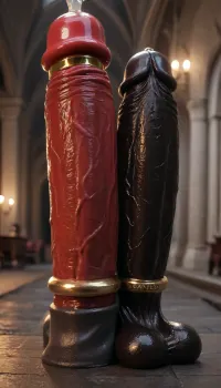 ((penis closeup, dark black cock in focus)), side view, ((cinematic lighting)), ((evil dark black monster phallus)), genital closeup, (ultradetailed veiny texture), (porn lighting), oiled wet body, ((very dark black skin)), erect, penis curved upwards, arching, arched tip, dark tip, ((hyper gigantic black penis)), (bulbous veins), ((huge thick luxurious wide cock ring)), muscular and dark, (dark thighs), (ruby decoration details), ((sophisticated evil delight)), ((luxury large mansion, black-red-gold colors, demonic themes)), ((luxurious lush thick lube oil over the penis, wet penis)), (hyper dark black dick), enormous girthy fat dark black dick, phallic details, hung faceless very dark black monster african male, (exquisite phallus), ((solo male)), darkx, (oily), (saggy balls), (balls fully visible), ((fantastical special phallus)), volume effect, ((night time)), night lights, (very black-skinned), ((jet-black skin))