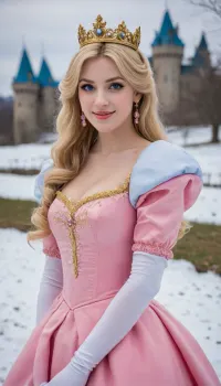 Una princesa sonriente melocotón en un país invernal: campo nevado, árboles y un castillo en la distancia