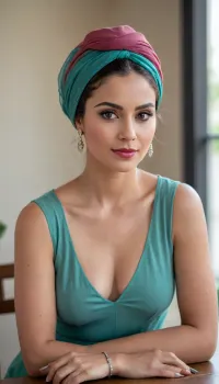 A woman, likely in her 30s, of Middle Eastern or Mediterranean descent, is centrally positioned. She wears a dark gray/green turban-style headwrap. Her expression is pleasant and approachable, with a slight smile. Her outfit consists of a transparent, white, V-neck top. She has dark hair, medium-toned skin, and dark red/pink lipstick. She's wearing dangling earrings with dark stones. Her posture is relaxed and attentive, seated at a light-beige wooden table. The perspective is a slightly high-angle, eye-level shot, capturing her from the mid-chest up. The background shows a window with a light-gray frame and out-of-focus natural elements visible beyond. The lighting is natural daylight, casting soft shadows. Muted tones dominate the image with a warm, inviting atmosphere. The overall mood is professional and friendly. A portion of another person is visible in the background, wearing a teal/teal-green top, and is out of focus, creating a background. A ring is visible on the subject's right hand. A notebook and eyeglasses rest on the table in front of her. Realism. Portrait. Natural light., diaphanous, dress, <lora:xl_diaphanous_dress-1.0:.5>