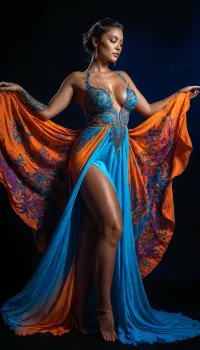 Colorful woman, Black ink flow, 8k, photorealistic masterpiece, intricately detailed fluid gouache, calligraphy, watercolor art, professional photography, volumetric lighting, photo-illustration, concept art, elegant, fantastical, PENeonUV, blacklight, neon, the whole body is visible, dynamic pose, dancing, voluptuous dress, big tits, XUER, Silk, Road, glowing, dress, full, body, tattoo, <lora:PE_NeonUV Style:.5>