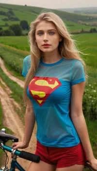 20 year old blonde Spanish woman with fair skin and blue eyes, rainny day, ((blue cotton semi-transparent t-shirt with high neckline and supergirl symbol)), reading a map, bent over her green bicycle, 1.76 meters tall, measurements 100-81-96, pink full lips, long windy wet hair, generous bust, athletic body, shy and innocent look, curious eyes, full body view, country meadow landscape, ((full body view)), legs open, red sports shorts, supermodel, face, big, lips, 1gir, 1man, embraced couple, <lora:Beautify-Supermodel-SDXL:.5>