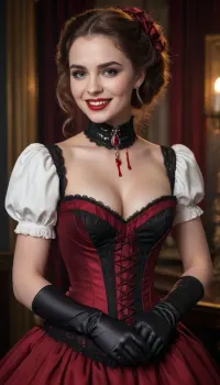 A vintage-style full-body portrait of a vampire woman dressed in an elaborate Victorian-era inspired costume, exuding elegance and charm with a touch of theatrical flair. The outfit features a structured white corset with black beaded detailing along the neckline, creating a sophisticated and glamorous contrast. The corset accentuates her figure, while the black lace gloves add a delicate yet bold element to her look., (She has ample cleavage), (((red liquid dripping from her teeth))), . Smiling, (She has fangs, prominent incisors), .

The skirt is a layered design with black and white striped fabric and black tulle overlays, featuring intricate polka-dot patterns and ruffled accents that add volume and movement. The combination of textures creates a rich, visually dynamic ensemble. A black choker with a small pendant adorns her neck, perfectly complementing the gothic aesthetic of the outfit.

Her hair is styled in voluminous, curly waves, framing her face with a timeless and dramatic effect. The hairstyle includes a black feather accessory that enhances the theatrical, period-piece look. Her makeup is classic, with a focus on bold red lips and subtly defined eyes, adding to the overall vintage charm.

The background is a muted, warm-toned brown with a painterly texture, resembling a traditional studio backdrop from the late 19th century. The lighting is soft and diffused, creating a warm glow that highlights her features and the intricate details of her outfit, while casting gentle shadows that add depth to the image.

The composition is centered, with the subject standing in a poised and confident manner, one hand resting on her hip and the other delicately holding a part of her skirt. The overall mood is timeless and elegant, evoking a sense of historical drama and classic beauty.