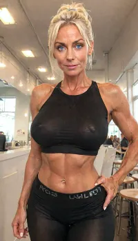 photorealistic milf girl, entire body photo of an 47-year-old Russian-swedish woman in 8K HDR format, at a party, (blue eyes), (pixie extroverted mohawk updo hair:1), strict sharp chiseled narrow face, sharp nose, sharp very high cheek bones, sharp chiseled jawline, prominent long narrow nose, very dark tanned sunkissed skin, ((wrinkles around eyes)), (seductive face), very slim and tall, athletic skinny, chiseled lean muscle body of a professional ballarina, in white, (slightly translucent:.9), in a transparent, translucent, extreme short white shirt, on the chest, Transparent, Dress, ((natural pointy breasts)), barefoot, side view, uberfit, muscular, athletic, <lora:uberfit_lora_sdxl:.4>