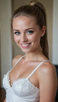 25 year old Canadian girl, beautiful, pretty, hot, sexy face, blue eyes, perfect smile showing perfect white teeth, light brown hair, pony tail, standing up, small boobs, flat chested

Wearing a Fancy dress, elegant dress, slutty dress