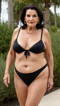 old granny mature, sexy 75 years old granny, dark brunette hair, medium hair, glamour, big hoop earrings, necklace, big black eyes, wide hip, wide shoulder, thick body, very chubby bbw, very tall, tiny small saggy tits, gold necklace, outside, looking at the camera, cute sexy face, high waisted sexy bikini, very high waist bikini, charming, very hot and horny, seduction horny, old sexy horny granny, dark brunette, full body view, walking towards the camera