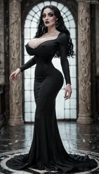 Morticia Addams, 30 years old, extremely long black hair, hair extensions, black lipstick, thick full lips, tight black dress, goth dress, form fitting black dress, super waist, massive cleavage, erect nipples, bubble butt, full body view, ankle-length hair, super long hair, luscious hair, straight hair