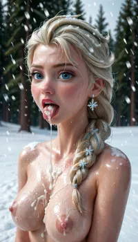 Elsa, Frozen, Disney, Adult Elsa, 21 years old, topless, breasts exposed, tongue out, eyes crossed, lots of cum dripping from her tongue, mouth full of lots of cum, lots of cum on tits, in a magical landscape, snowy winter landscape, parted lips, blonde eyebrows visible through hair, wet body with snowflakes, snowing