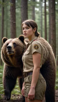 photorealistic image, 8K quality, big chested woman Scout Leader Meets Grizzly Bear in Forest and Wets Herself in Fright, very whole body in the frame, side view