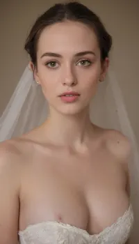 white woman, 22 years old, oval face, small nose, wide nose, eyebrows with few hairs, thin eyebrows, large eyes, wide-set eyes, honey-colored eyes, almond-shaped eyes, large mouth, small chin, long black hair, dressed as a bride, bridal lingerie, in a country hotel room