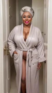 African Woman, older mature 60 plus years, makeup, lightbrown some gray afro Hair, massive sagging tits, sexy Smile, Standing in bathroom, View through an Open Door, very thick very plush open bathrobe, massive cleavage, shaved pussy