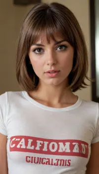 portrait of a California girl, 18 years old, 1970s, style, tanned skin, brown eyes, Brown bobcut with bangs, 1girl, sexy, young girl, skinny, looking at viewer, sample background, (t-shirt:1.2), (flat breasts), sultry, seductive, seducing, alluring, intimate, sexual, horny, insatiable, lustful, erotica, irresistible, ziprealism
