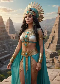 Photoreslistic photography, Type of Image, Artistic Image, Subject Description, A majestic Aztec goddess with a slender, ethereal beauty, standing gracefully atop a grand pyramid. Her long, silky black hair is styled with soft locks framing her delicate face, adding a youthful and mystical aura. She wears an ornate feathered headdress crafted with gold, jade, and turquoise, reflecting the ancient Mesoamerican aesthetic. Her attire consists of a finely detailed gold and turquoise ceremonial ensemble, decorated with sacred Aztec engravings and shimmering gemstones. Her warm, sun-kissed skin glows under the soft golden light, and she gazes into the distance with a gentle yet powerful expression. Background, The sprawling city of Tenochtitlán, with its intricate canals, majestic temples, and vibrant markets, is bathed in the soft, dreamlike hues of a golden sunset. Art Styles, Fantasy illustration with Mesoamerican influences, semi-realistic rendering, detailed textures. Art Inspirations, ArtStation, DeviantArt, ancient civilization fantasy aesthetics. Camera, High-angle, three-quarter view shot. Render Related Information, 8K resolution, dynamic composition, soft volumetric lighting, golden hour glow
