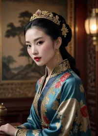 Breathtaking, ultra-high-definition 8K photograph of a stunning Chinese model poised in a lavish, ancient Chinese setting, circa Year 1, capturing the essence of luxurious high fashion. The exquisite, intricately textured couture garment, adorned with ornate embroidery, shimmering silks, and precious gemstones, is meticulously rendered in vivid, jewel-toned colors, evoking the opulence of the Imperial Court. Dramatic, chiaroscuro lighting casts intricate shadows, accentuating the model's refined, porcelain-like skin and delicate, almond-shaped eyes, while her raven-black hair flows like a waterfall of night. The overall aesthetic is one of sumptuous elegance, sophistication, and refinement, as if plucked from the pages of a revered, centuries-old Chinese art manuscript. Every detail, from the subtle folds of the fabric to the delicate wisps of hair, is rendered with precision and masterful attention, creating a truly breathtaking, three-dimensional masterpiece that transcends the boundaries of photography and enters the realm of fine art.