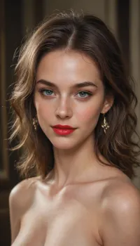 full nude, bright red lipstick, the image is an oil painting by Carravagio, (Michelangelo Merisi da Caravaggio), ultra high contrast, perfect face, perfect eyes, perfect mouth, looking at viewer, eye contact, smile, ultra detailed skin texture