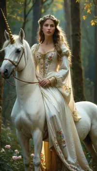 uber realistic image, fullcolor image, full body view, 8K quality, ultra detailed, masterpiece, dark fantasy, night, full moon, many glowing multi-colored flowers, Beautiful transparent French shepherdess, 14th century, very thin figure, large massive breasts, long loose hair, dressed in a peasant dress with open pliches, breasts protrude high from the bodice of the dress, met a white unicorn with a golden horn on the edge of the forest romanticism, whole body in frame, whole body visible, renfaire_gurlz_dress, wearing, J.C., Leyendecker, Style, page, <lora:TQ_-_Beauty_and_Unicorn_XL-000006:.4>, <lora:J.C. Leyendecker Style:.5>