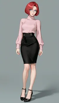 (prostokvashino), (uncle fyodor's mother), 45 years old milf, smooth red hair, short bobcut hair, big beautiful blue eyes, skinny face, thin cheeks, small cheekbones, sharp nose, small but full lips, Small round breasts, slim waist, wide hips, long legs, black plastic glasses with square lenses, <lora:Her_Eyes:.5>, Pink turtleneck sweater with long sleeves, long black skirt, ratatatat74, <lora:ratatatat74-000050:1.5>, <lora:cartoon_stickers_xl_v1:.6>, high heels