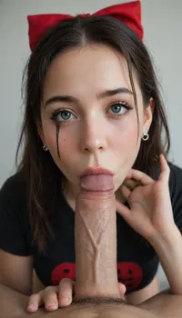 kiki's delivery service, kiki, ghibli witch girl, POV blowjob, crying, very sad girl, girl hates cock, mascara-stained cheeks and eyes, running mascara, big red bow in her hair, terrified, goth eye make-up, black hair, oversized plain black t-shirt, 18 years old
