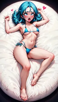 Create a image of from Dragonball, side view image of peach from mario, wearing mini mirco bikini, big round tits, Her breasts are spilling out of her mircobikini, laying, barefoot, as she lifts both legs into the air. Her right foot is in an "en pointe" position, and her left foot is in a "demi-pointe" position. No shoes, bare feet.

Her bare feet are the focal point of the image, captured in exquisite detail. Her right foot is in a perfect en pointe position, fully extended with the toes elongated and pressed together, creating a flawless, streamlined shape. The arch of her foot is dramatically curved, forming an elegant, high arc that highlights her flexibility and poise. The skin on her sole is taut and smooth, with delicate creases visible along the arch, emphasizing the natural tension in her foot. Her toes are pointed sharply downward, perfectly aligned and displaying the precise control of a trained dancer.

Her left foot, in contrast, is positioned in a demi pointe stance, with the heel slightly lifted but not fully extended. The ball of her foot presses gently forward, creating a softer, more natural arch. Her toes are relaxed yet engaged, slightly spread apart, maintaining balance and stability. The subtle flex in her foot gives a sense of effortless grace, as if she is playing with the motion between both positions.

The lighting accentuates the fine details of her feet—the gentle shadows highlighting the delicate curves of her arches, the smooth texture of her skin, and the natural tendons visible beneath the surface. Every wrinkle, flex, and movement in her toes is captured with striking realism, emphasizing the contrast between the taut extension of her en pointe foot and the grounded elegance of her demi pointe stance.

The background is softly blurred, ensuring that all attention remains on the intricate positioning of her feet and the captivating balance of strength and grace in her pose.", ", RealFeet, microbikini, tongue, out, ahegao, drool, <lora:RealFeet:.5>, <lora:microbikini_sdxl_1:.5>, <lora:M_niji_XL:.5>, <lora:ahegao_mr_chrisma:.5>