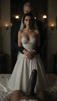 (POV of an giant black man with large black penis standing in the doorway near the cuckold Groom and bride), ((The white cuckold man is lifting the bride's skirt he is inviting)), a Curvy Persian bride in a beautiful white slutty and cutout wedding dress sitting on a luxurious bed, ((white cuckold groom in a suit gently hugging her)), sitting on bed, (both looking at each other lovingly), soft candlelight and moonlight glowing in the room, rose petals scattered around, dreamy and intimate atmosphere, fantasy style, highly detailed, A romantic bedroom scene, cinematic lighting, romantic_couple_poses, <lora:dark:.5>, <lora:1365620_training_data:.5>, <lora:milkers_v2:.4>