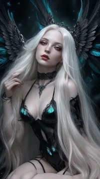 Pale-skinned woman with long white hair and crimson eyes kneels gracefully, hand resting on a human skull. She wears dark gothic lingerie with metallic chains, chokers, and ornate winged headpiece — black feathered wings spread behind her. Her pose is sensual yet melancholic, lips parted, gazing upward. Background, smoky void with faint starlight, ethereal teal glow beneath. fantasy, hyper-detailed, dramatic chiaroscuro lighting. Glossy skin, feather texture, metallic reflections, and emotional intensity